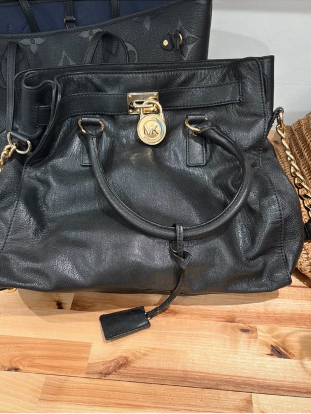 Michael Kors Black Leather Satchel with Gold MK Lock